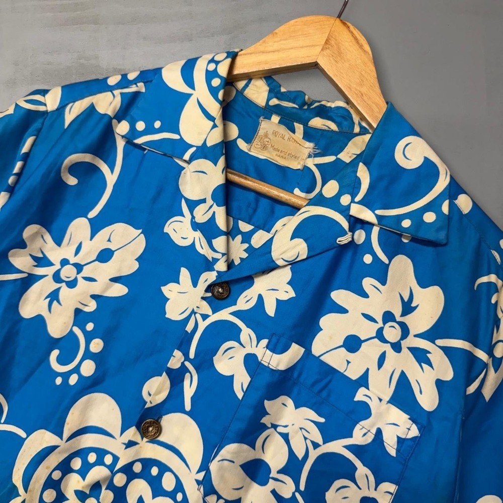 50s Vintage Royal Hawaiian Button Up Shirt Blue Floral Aloha Loop Collar Medium